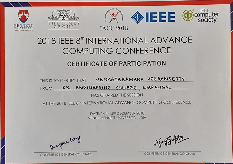Awards & Recognitions, Center for Artificial Intelligence and Deep Learning, CAIDL, SR University. Dr. Venkataramana Veeramsetty, IEEE 8th International Advance Computing Conference