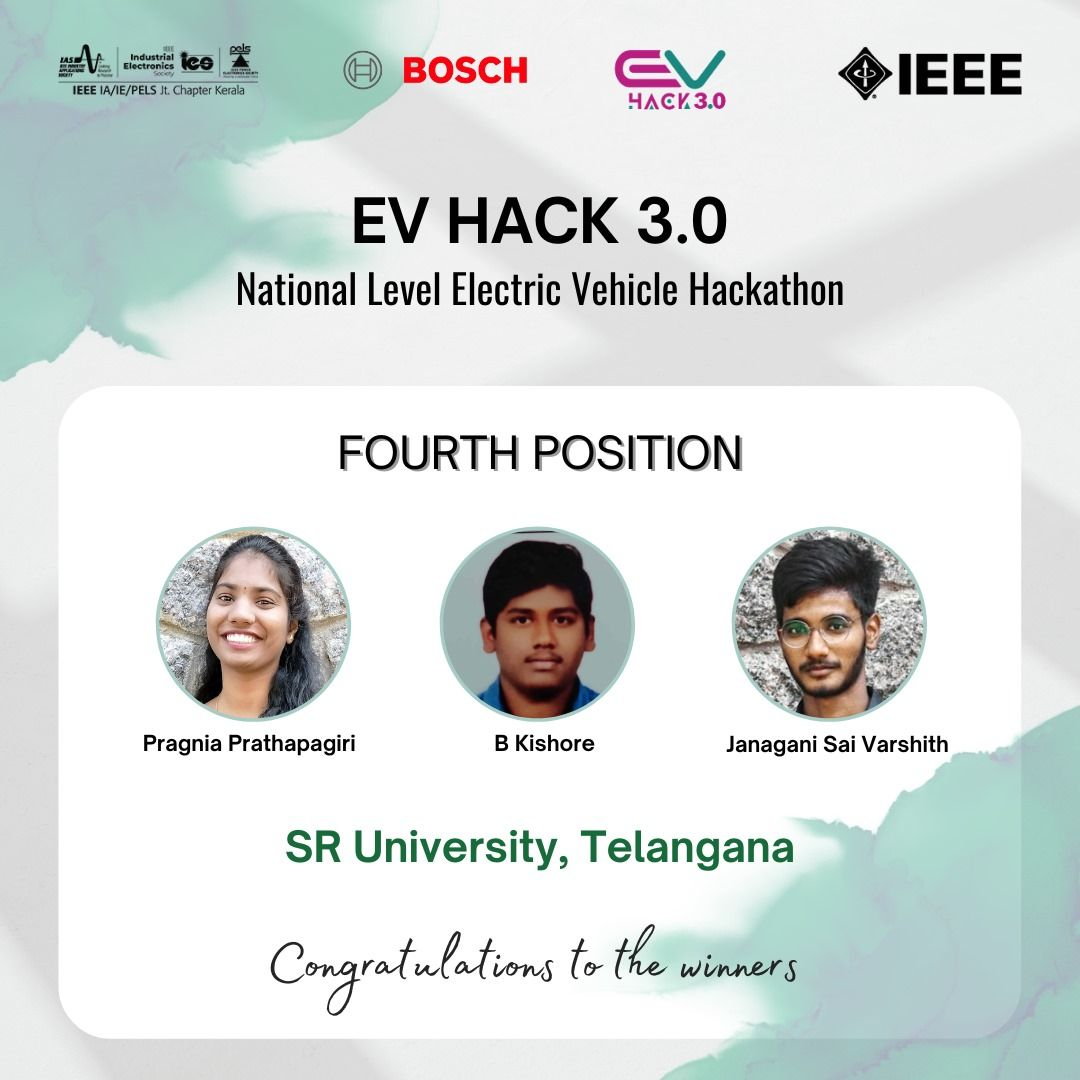 Congratulation Interns of CAIDL from school of engineering for securing 4th position in the winners
list of EV Hack 3.0, a National Level Electric Vehicle Hackathon organized by Bosch and IEEE Kerala
Section.